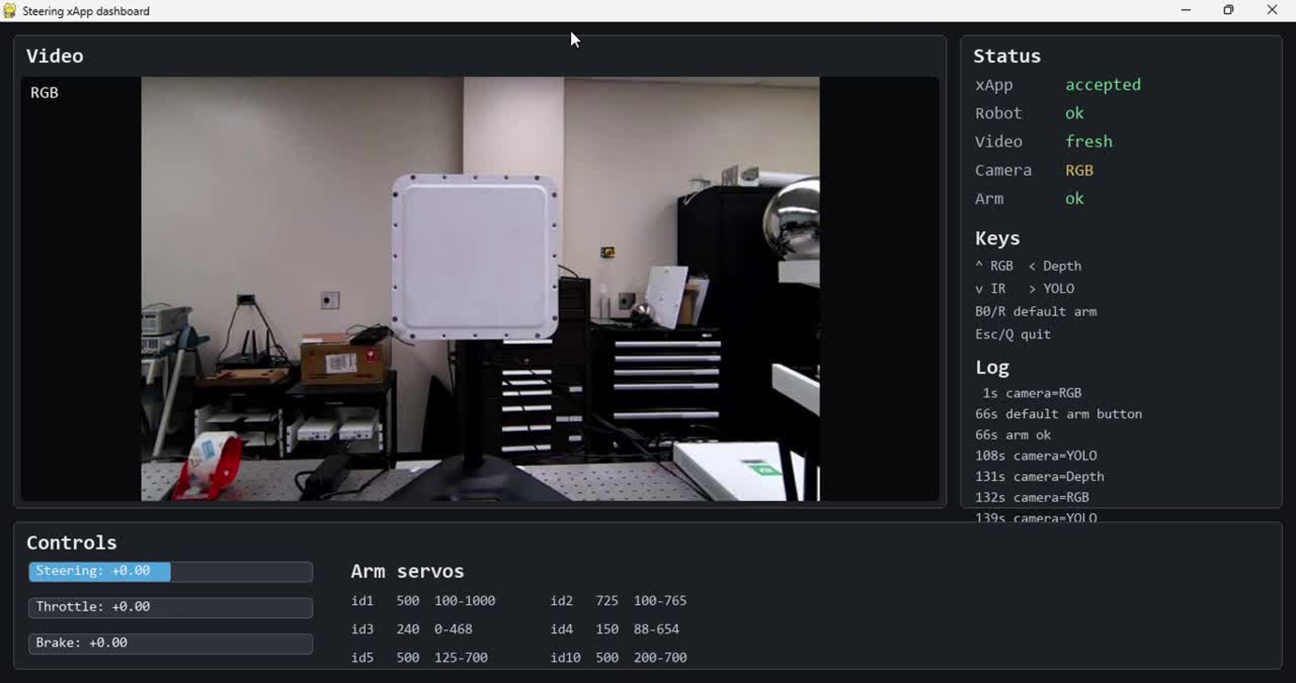 Steering xApp dashboard showing live video, status, controls, key bindings, and logs